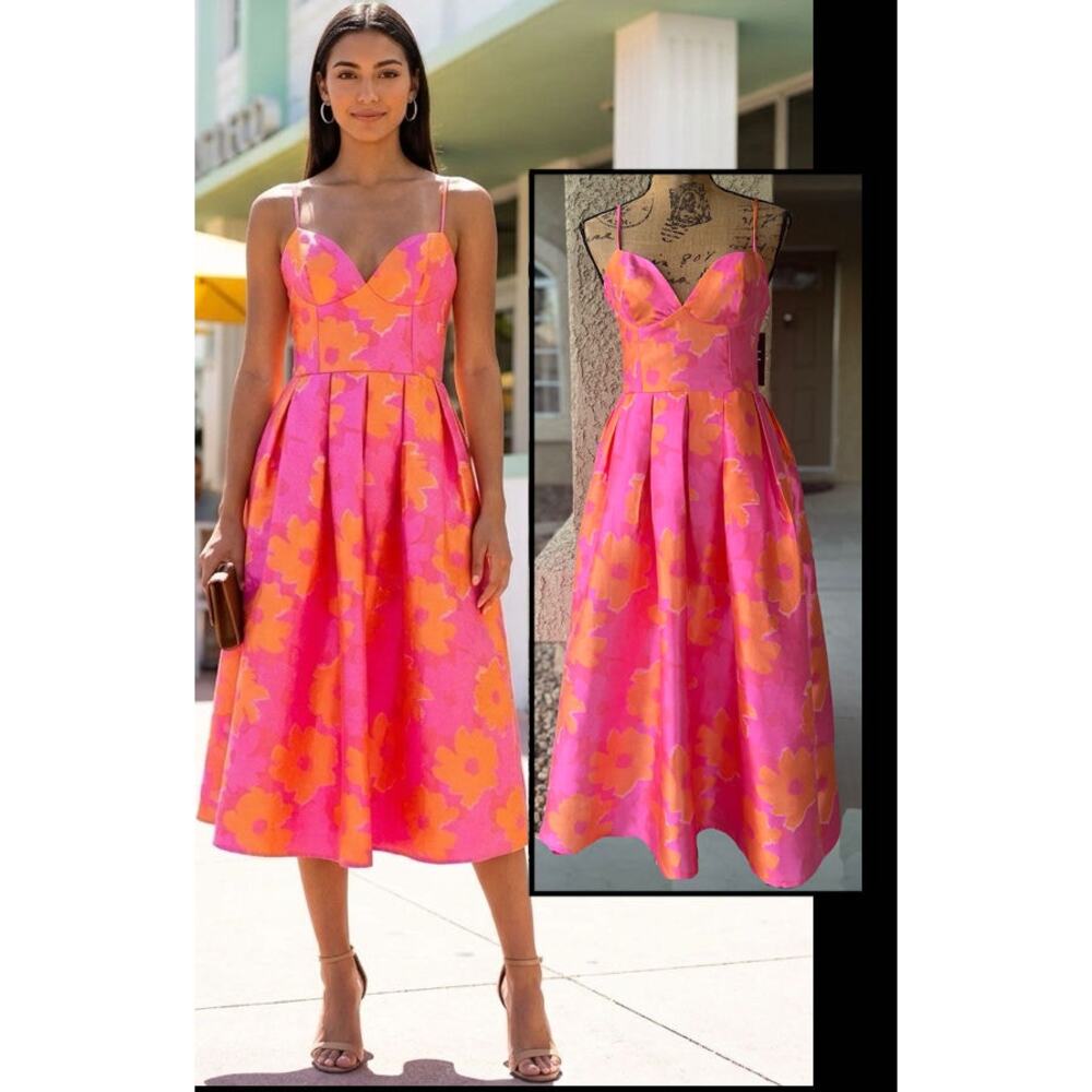 Lulus Vivinna Pink and Orange Floral Jacquard Pleated Midi Dress Size M